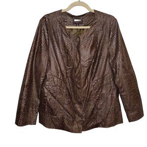Dana Buchman Woman 0X Faux Leather Snake Print Jacket Brown Open Front